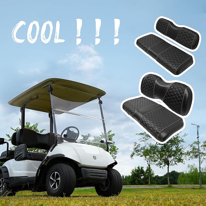Golf Cart Seat Covers Front and Rear Waterproof and Sun Resistant Marine Grade Vinyl Leather Seat Cover Accessories for Yamaha Drive 2007-2016/Drive 2 2017+, Black(4PCS)
