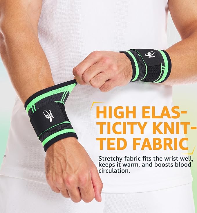 HiRui Wrist Brace Wrist Wraps Compression Wrist Strap, Wrist Support for Work Fitness Weightlifting Sprains Tendonitis, Carpal Tunnel Arthritis, Pain Relief, Adjustable Wristbands 2 PACK (Green, S)