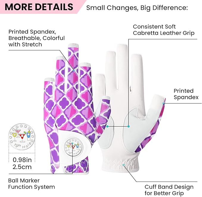 FINGER TEN Stylish Golf Gloves Women with Ball Marker 1 Pack for Left or Right Hand, Breathable Glove with Fashion Patterns for Ladies Right Left Handed Golfer