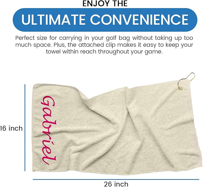 Personalized Passion Golf Towel with Embroidered Name - 16"x26" Custom Golf Towels with Clip - Soft & Highly Absorbent Plush Velour - Easily Wipes Away Sweat and Dirt - Gift for Golfers - Beige