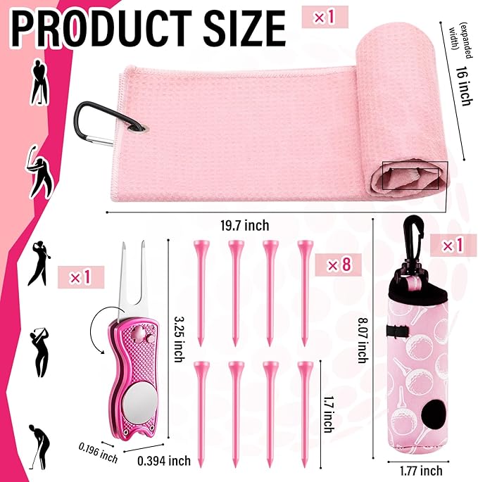 16 Pcs Pink Golf Accessories Kit Include 4 Pcs Golf Club Head Covers, Ball Bag with Hook Pink Towel Magnetic Ball Marker Tees Divot Tool Cleaner Brush for Christmas Women Girls Gifts