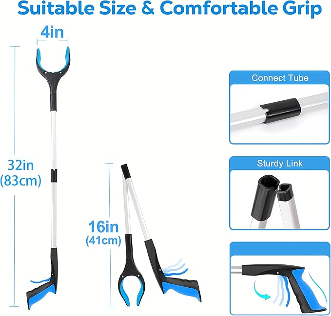 Grabber Reacher Tool - Foldable Gripper and Reaching Tool - Heavy Duty Pick Up Stick Grabbers for Seniors, Trash, Surgery Recovery Must Haves Gifts, 32” Picker Upper Grabber (Blue)