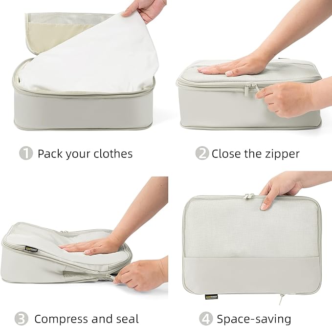 4 Piece Compression Packing Cubes for Suitcases and Backpack, Lightweight Travel Organizer Bags (Off White)