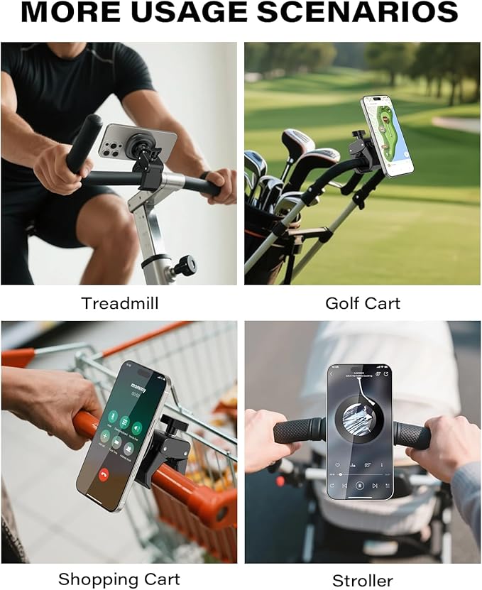 OQTIQ Phone Holder for Peloton Exercise Bike, Heavy-Duty Clamp & 17 N54 Strong Magnetic Phone Mount for Treadmill, Spin Bike, Golf Push Cart, Stroller, Fit for MagSafe iPhone 12-17 Series