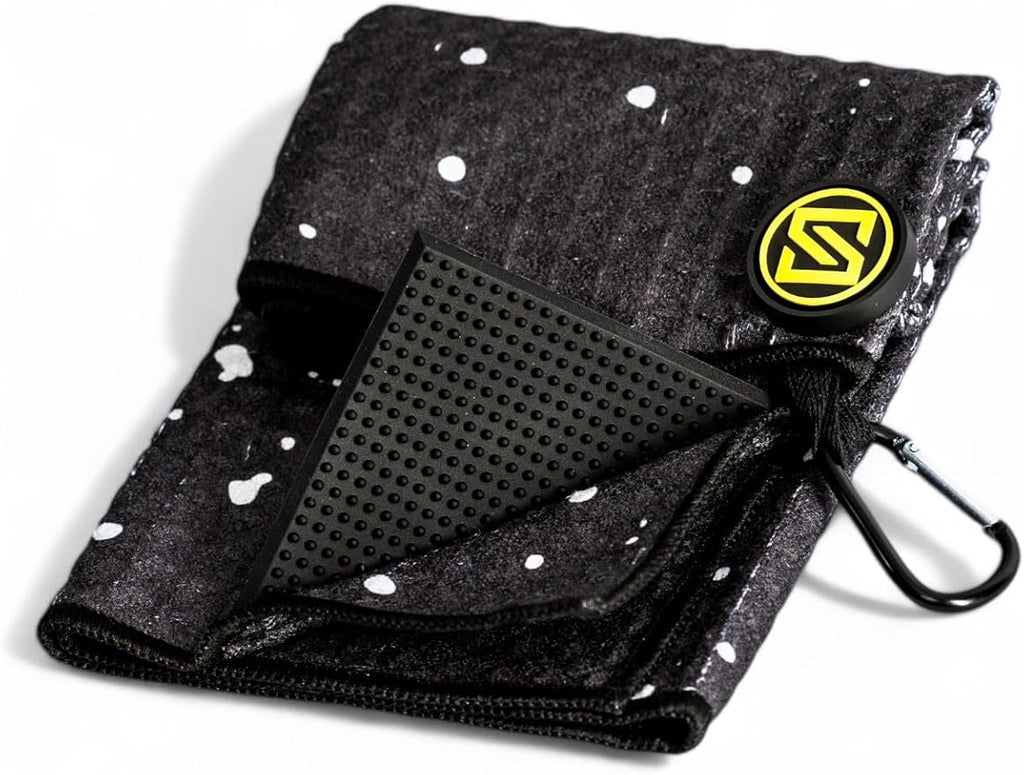 Premium Magnetic Golf Towel | Super Strong Magnet | Absorbent Microfiber Waffle Design | Built-in Silicone Brush | Golf Towels for Golf Bags (Black w/White Drip)