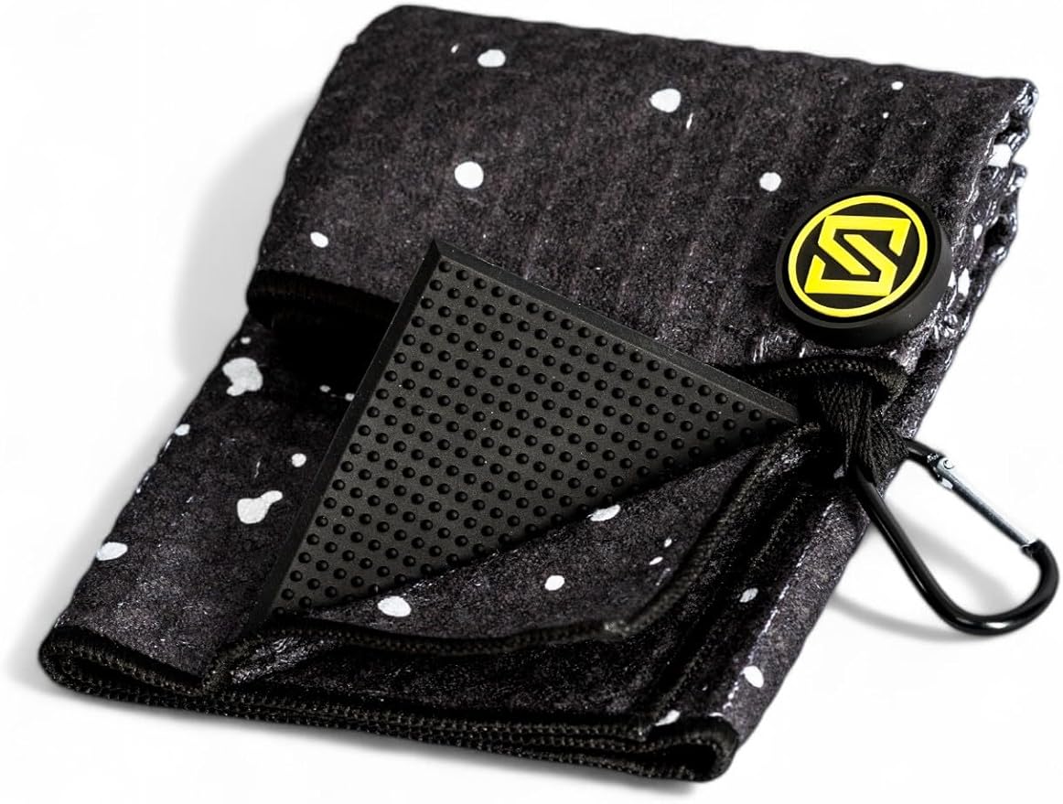 Premium Magnetic Golf Towel | Super Strong Magnet | Absorbent Microfiber Waffle Design | Built-in Silicone Brush | Golf Towels for Golf Bags (Black w/White Drip)