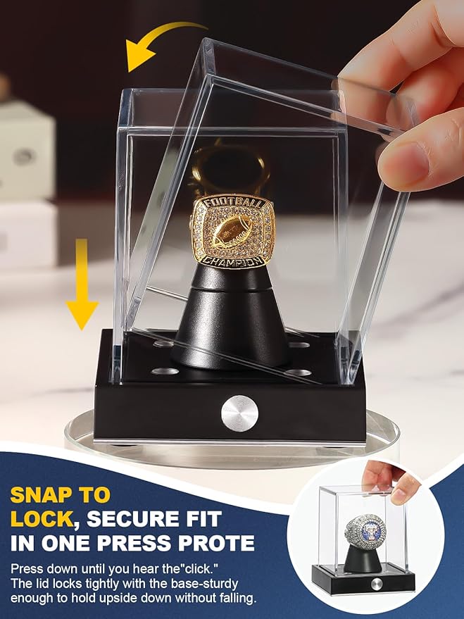 JupDec Cordless LED Championship Ring Display Case, Clear Acrylic Single Ring Holder with 10 Color Light up, Autograph Ring Showcase with Memory Function, Ideal Gift for Sports Fans