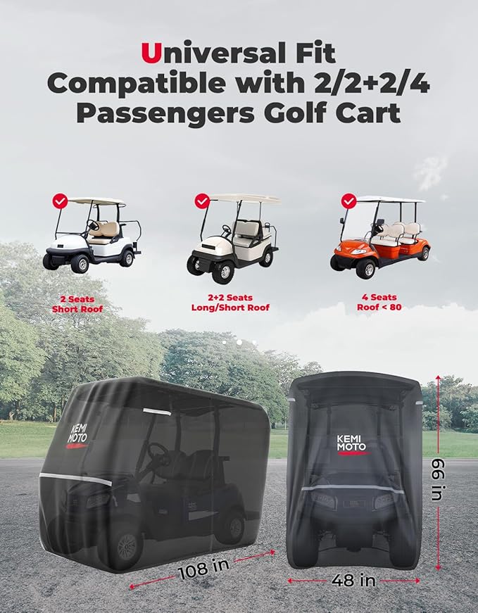 KEMIMOTO 600D Waterproof Golf Cart Cover, Universal Heavy Duty Large Golf Cart Rain Cover with Storage Bag Compatible with EZGO Club Car 2/2+2/4 Passenger, Black