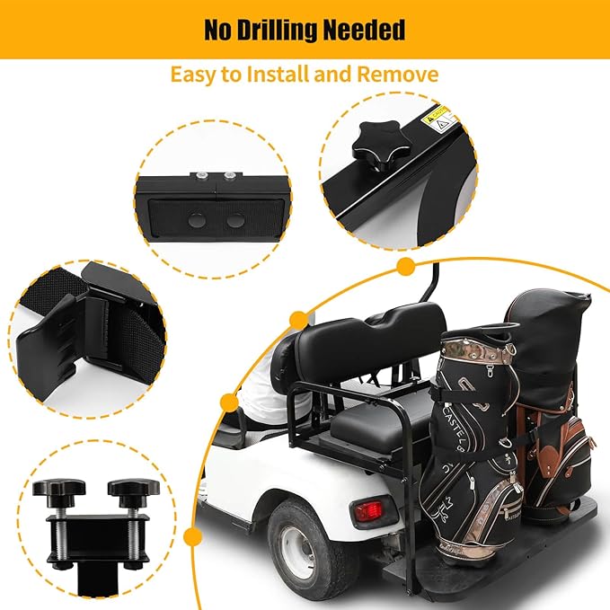 No Drilling Golf Cart Bag Holder Bracket for 2+2 Golf Cart Rear Seat with 1 Inch Square Tube, Universal Golf Bag Attachment Adjustable for EZGO Club Car Yamaha Golf Carts