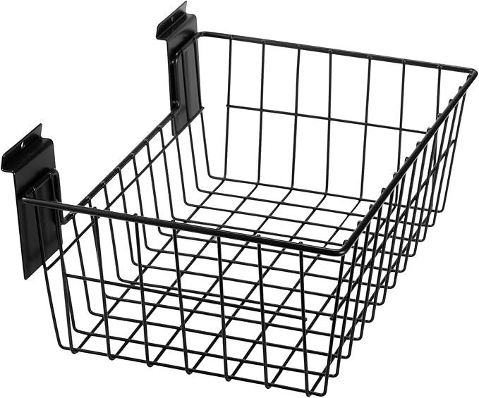 Slatwall Baskets, 15-Inch Width Heavy Duty Steel Wire Slat Wall Hanging Basket - Versatile Slatwall Accessory for Retail, Garage, Office, Sports, Toys, and More (5 Pack)