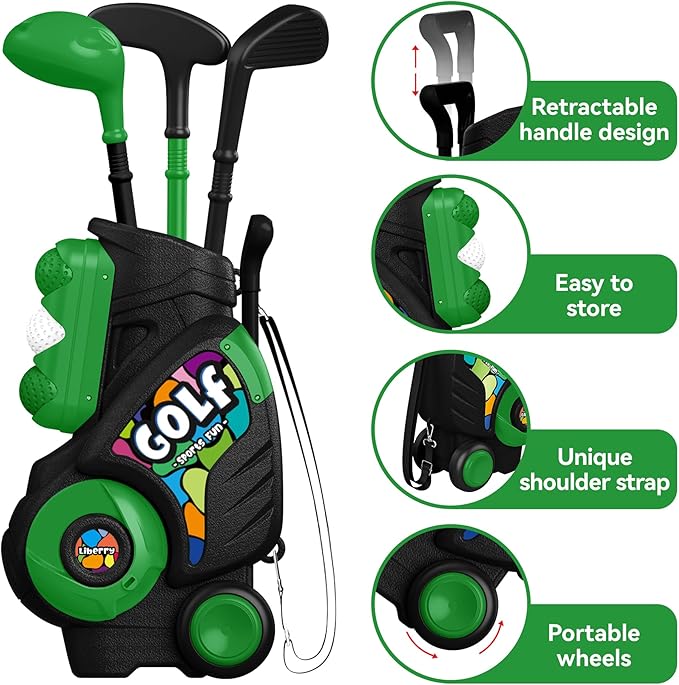 Liberry Toddler Golf Set for Ages 2 3 4 Boys Girls, Upgraded Kids Golf Cart with Shoulder Strap Design, Outdoor Indoor Sports Toys Birthday Gifts, Black