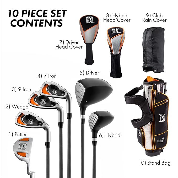 PGA Tour Youth Golf Club Set for Ages 8-12 (4’8”-5’2”) and 12+ (5’2”+), Right and Left-Handed Kids Golf Sets – Beginner Junior Golf Clubs with Lightweight Stand Bag, Mallet Putter, Hybrid, Driver