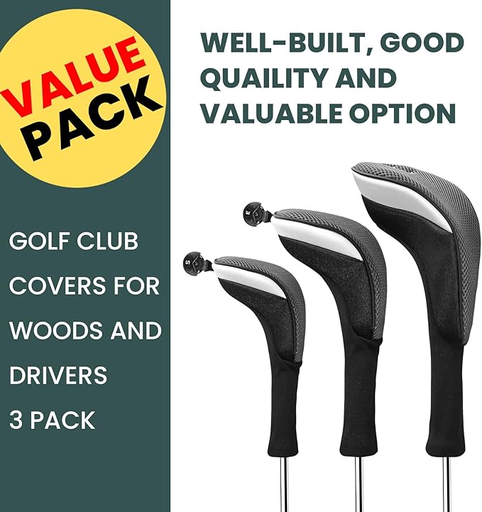 FINGER TEN Golf Club Head Covers Woods Driver Fairway Hybrid 3/4/5 Set, Headcovers Men 1 3 5 7 X Interchangeable Number Tag, Fit All Wood Clubs