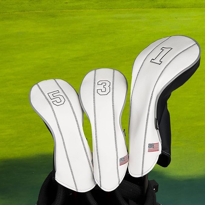 Golf Club Head Covers - Driver, Fairway #3#5, Hybrid Headgear - USA Flag Design - PU Leather - 3 Piece Set for Men and Women