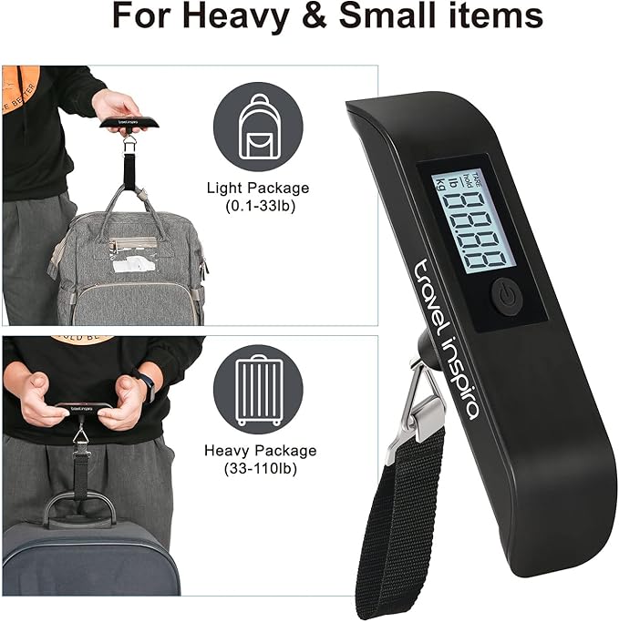 travel inspira Luggage Scale, Portable Digital Hanging Baggage Scale for Travel, Suitcase Weight Scale with Rubber Paint, 110 Pounds, Battery Included