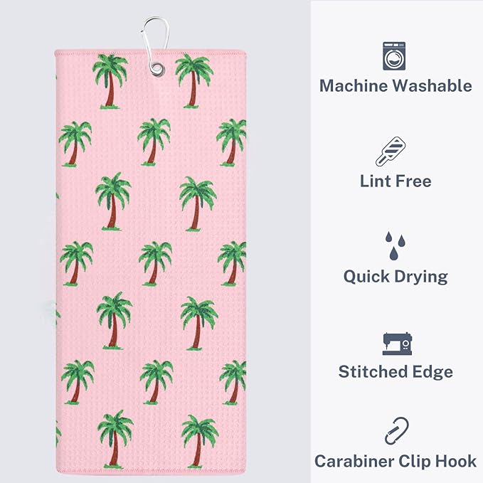 Microfiber Golf Towels for Golf Bags & Carts - Premium Weave Waffle & Ball Towels with Carabiner Clip, Essential Accessories for Men, Women, and Kids, Golfer Gifts, Set of 2 (Palm Trees)
