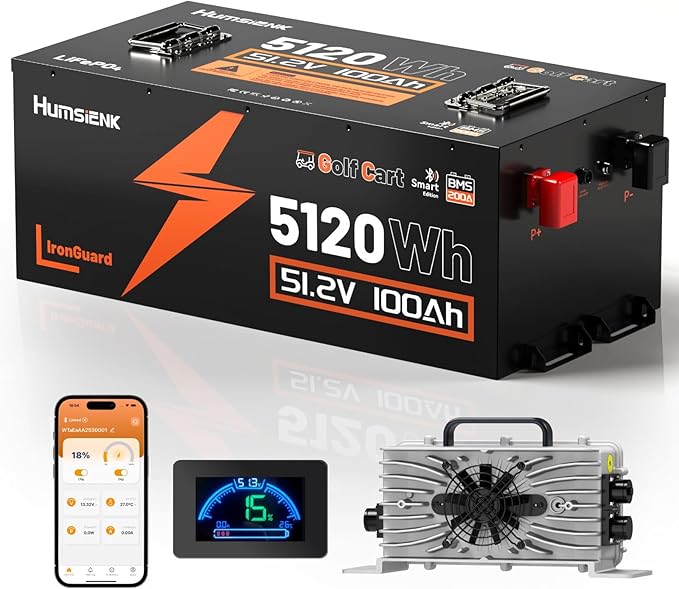 48V 100Ah Golf Cart Battery with Metal Case & 200A BMS, LiFePO4 Lithium Battery with 15A Charger, Bluetooth APP & LCD Monitor, 15000+ Cycles, Max. 5.12kWh with Low-Temp Protection for Golf Carts