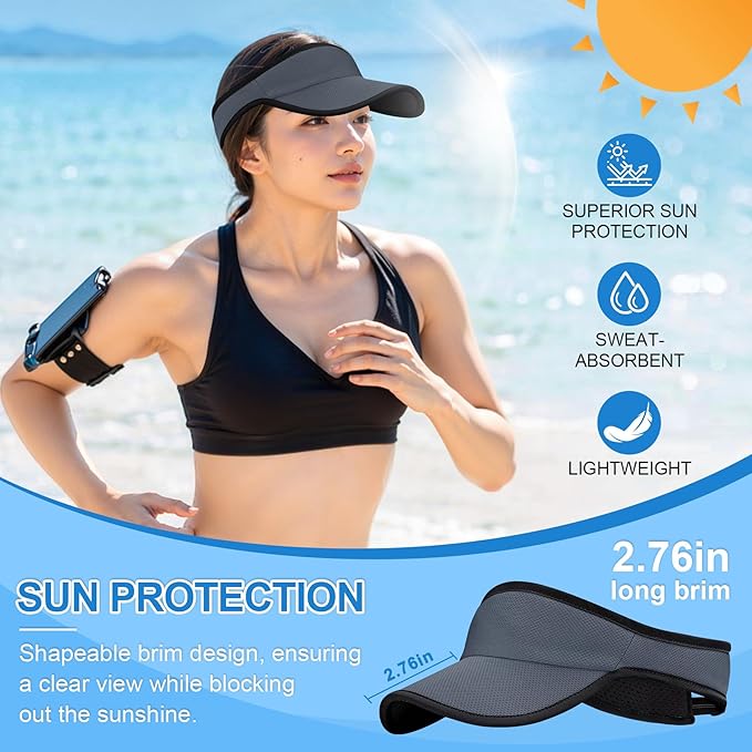 Sports Sun Visor for Men Women, Lightweight Soft Quick-Dry Visor Hat, Packable Tennis Golf Running Visor