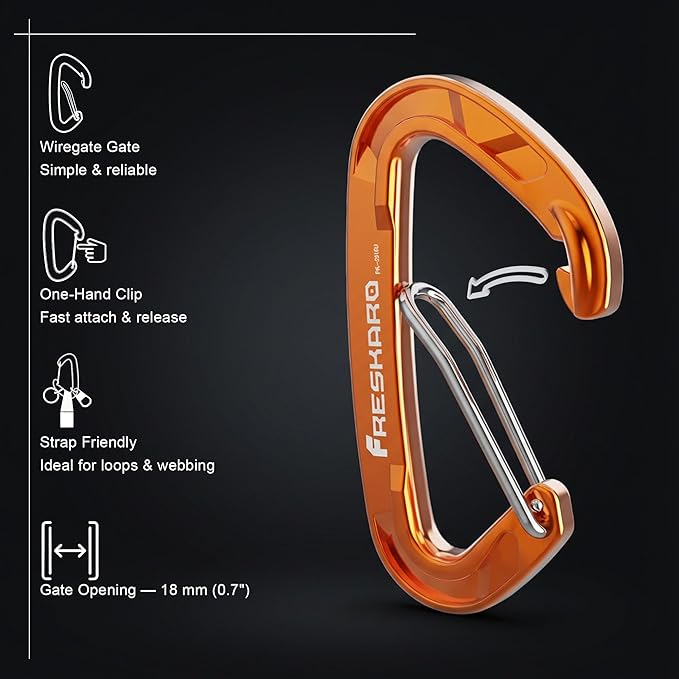 FresKaro 15kN-3372lbs Heavy Duty Wiregate Carabiners, Reliable Time-Tested Stainless Steel Spring Gate, for Camping, Hiking, Hammocks, Backpacking, Dog Leash etc., 3.15inch