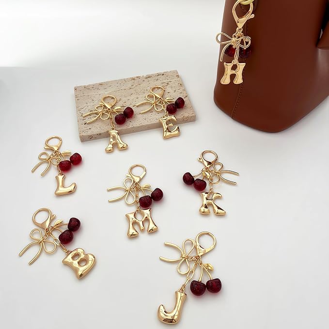 Gold Bubble Heart, Cherry, Bow & More Designs Letter Initial Keychain Bag Charms – Cute Purse Charms for Handbags