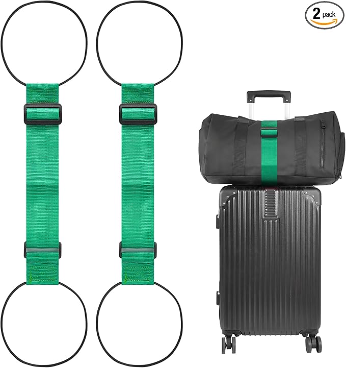 BILIONE Add a Bag Luggage Straps 2 Pack, Adjustable Bungee Elastic Belt to Connect Two Suitcases, Secure Carry On & Travel Essentials (Green)