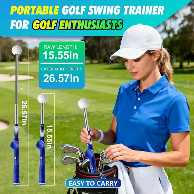 Retractable Golf Swing Training Aid, Right-Handed Golf Swing Trainer with Click Feedback, Tempo Stick Golf to Improve Strength & Tempo with Arm Band, Ideal for Beginners, Indoor & Outdoor Use