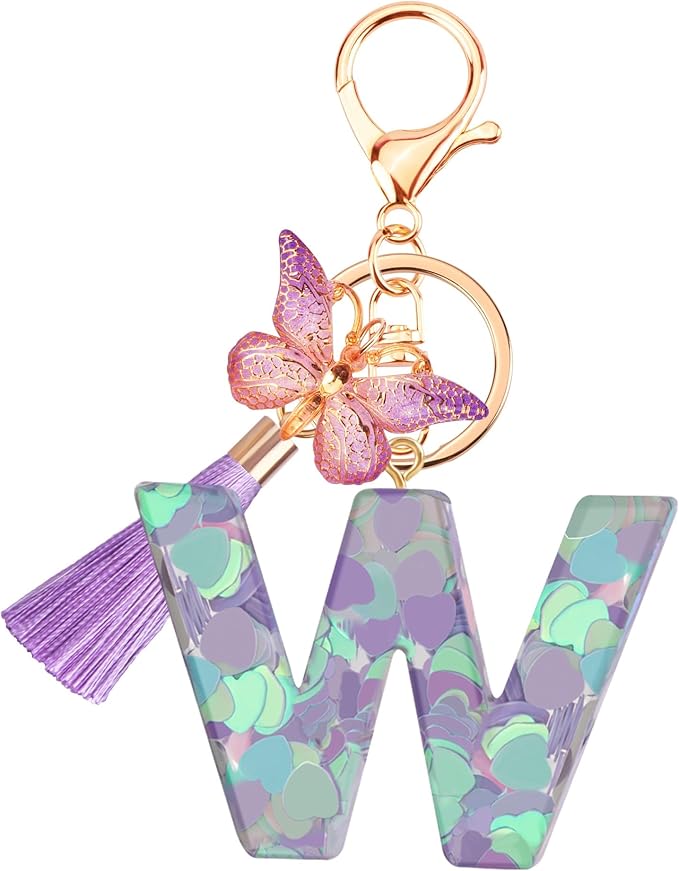 Suweibuke Colourful Cute Initial Letter Keychains for Women Girls with Tassel Butterfly, Charm for Purse Handbags Backpacks
