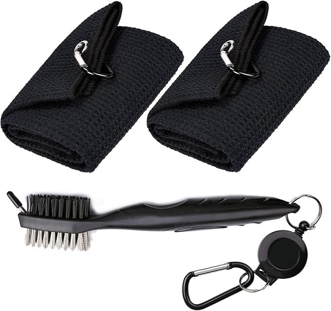 Golf Towels, Microfiber Waffle Pattern Tri-fold Golf Towel - Brush Tool Kit with Club Groove Cleaner, with Clip Men Women Golf Gifts (2 Black Towel+Black Brush)