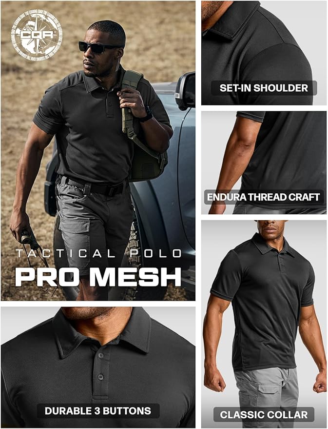 CQR Men's Polo Shirts, Tactical Short Sleeve Golf Performance Shirts, Lightweight Dry Fit UPF 50+ Pique
