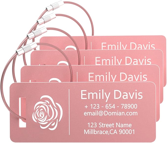 4 Pack Personalized Luggage Tags, Custom Engraved Aluminum Luggage Tags with Your Personalized Text, Waterproof Metal Name Tags with Steel Loop for Bags, Suitcase, Baggage, Backpack (Pink, Small)