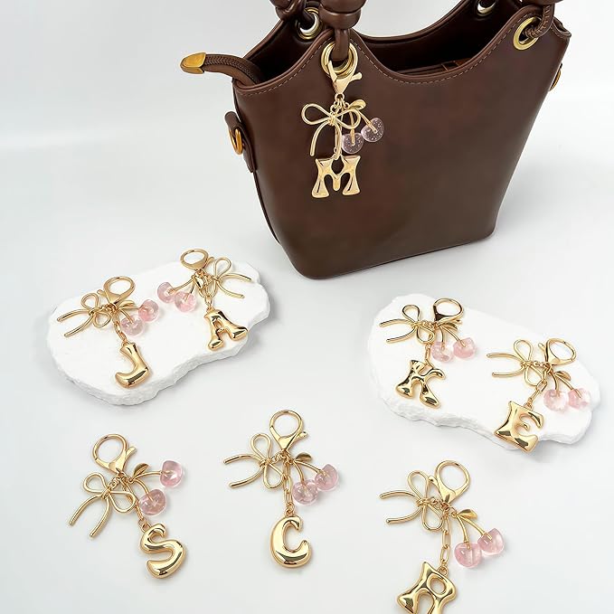 Gold Bubble Heart, Cherry, Bow & More Designs Letter Initial Keychain Bag Charms – Cute Purse Charms for Handbags
