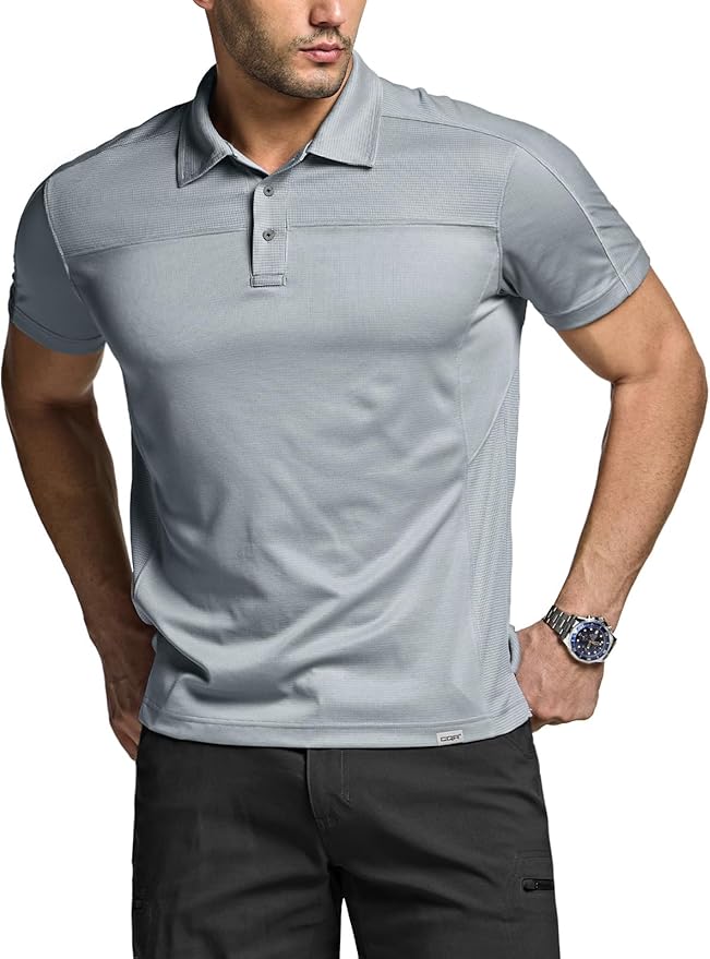 CQR Men's Polo Shirts, Tactical Short Sleeve Golf Performance Shirts, Lightweight Dry Fit UPF 50+ Pique