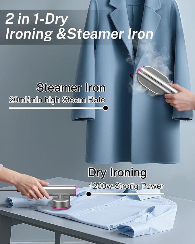 Steamer for Clothes ELORTI, Travel Clothes Steamer Handheld Portable Mini Small, 2-in-1 iron with 10s Fast Heat-Up, Rotatable Head 1200W, 110-120V, Office & Home, purple