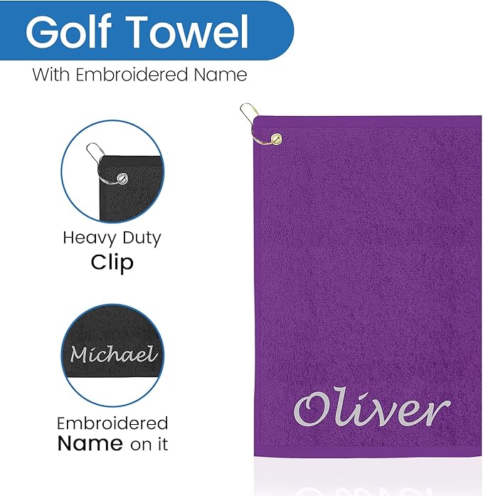 Personalized Passion Golf Towel with Embroidered Name - 16"x26" Custom Golf Towels with Clip - Soft & Highly Absorbent Plush Velour - Easily Wipes Away Sweat and Dirt - Gift for Golfers - Puple