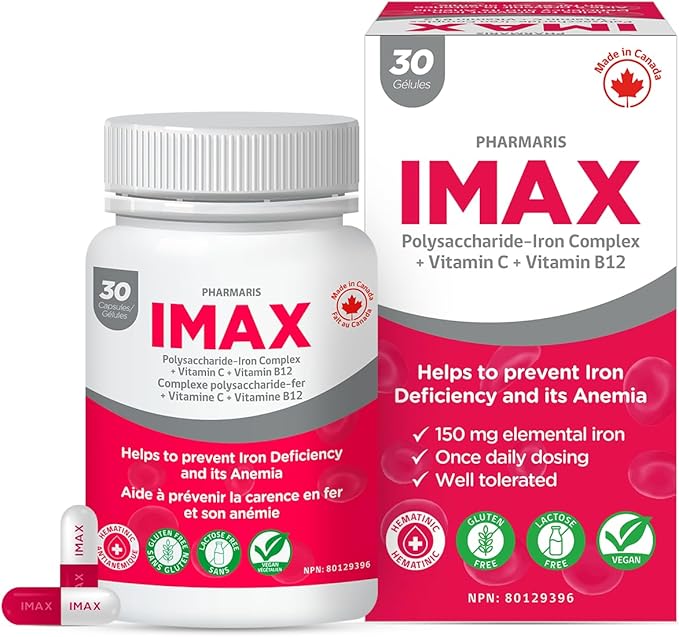 IMAX Iron Supplement 150 mg, Vitamin C 250 mg & B12 1000 mcg, Iron Supplement Treatment for Women & Men, Once Daily, 30 Capsules