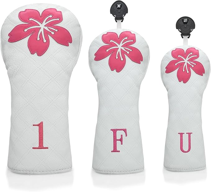 Grid Cherry Blossom Design Golf Covers PU Headcovers Set Fits Driver Fairway Wood Hybrid Utility Woods Iron Wedge Headcover, Premium Leather Golf Headcovers