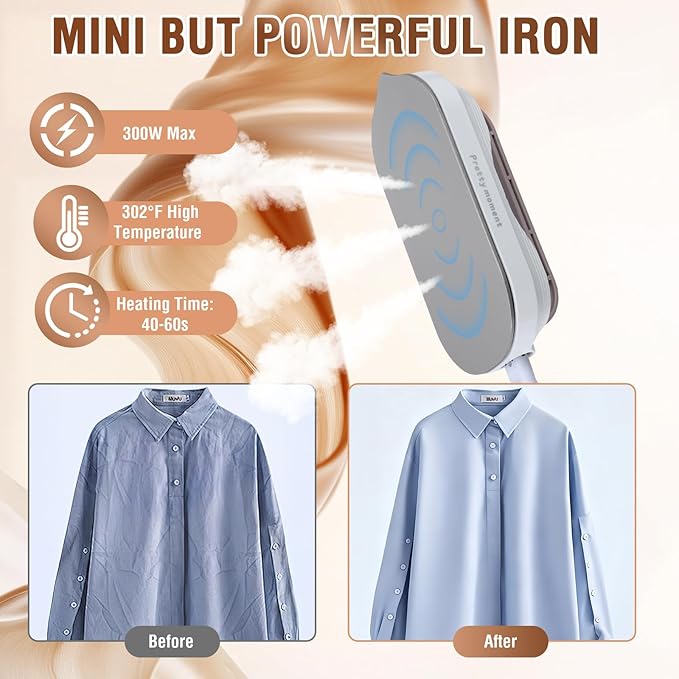 Biupky Travel Iron, Mini Dry Iron for Clothes with Global Voltage 100-240V, 300W Fast Heat Up in 60s, Ceramic Non-Stick Soleplate, Ultra Lightweight 0.8lbs for Travel, Home, Dorms, RV