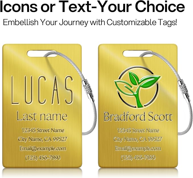Personalized Luggage Tags - Custom Metal Luggage Tags for Suitcases, Backpacks and Bags with Your Personalized Club Logo Text (Gold)