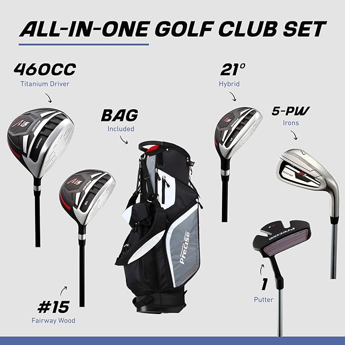Precise M5 Men’s Golf Set – Driver, Wood, Hybrid, 5-PW Irons, Putter, Stand Bag and 3 Headcovers - All Graphite Shafts