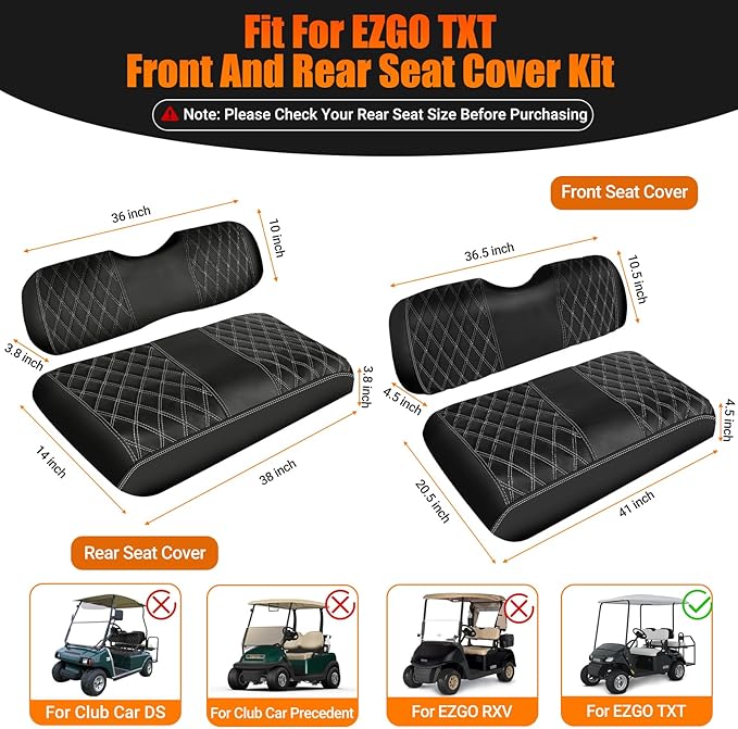 4PCS Waterproof Leather Golf Cart Seat Covers Compatible with EZGO TXT 1994-2013 Front & Aftermarket Rear Seat Kits | Beige Stitching | No Staple Installation