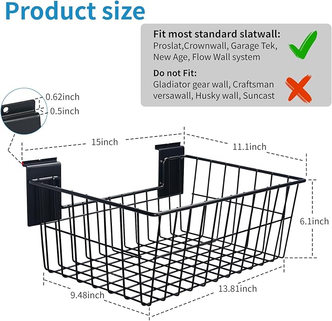Slatwall Baskets, 15-Inch Width Heavy Duty Steel Wire Slat Wall Hanging Basket - Versatile Slatwall Accessory for Retail, Garage, Office, Sports, Toys, and More (5 Pack)