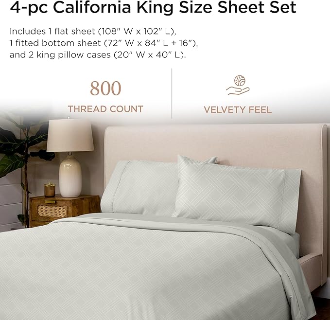 Threadmill California King Size Sheets | 800 Thread Count Jacquard Celine Light Grey | 4 Piece Striped Bed Sheets | Extra Long Staple Cotton Sheet | Luxury Damask Sheets with Elasticized Deep Pocket