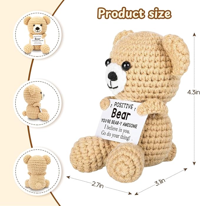 Mini Positive Crochet Bear,Cute Animals with Positive Messages Emotional Support Animals Funny Emotional Support Crochet Stuffed Gifts Handmade Bear Inspirational Gift