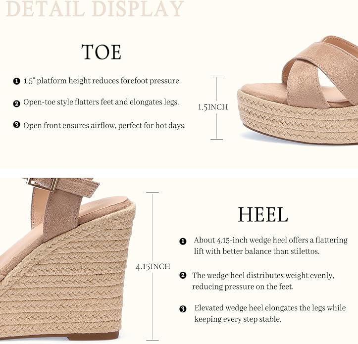 VICKI·VICKI Wedges for Women Platform Sandals Wedge Heels for Sandals Comfortable Summer Espadrille Shoes Ankle Strap&Open Toe