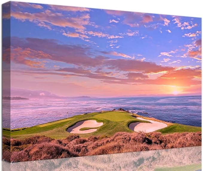 Pebble Beach Golf Course Hole 7 Wall Art Prints - Monterey California USA Golf Course Canvas Wall Art for Living Room Bedroom Bathroom Home Decorations Gifts Framed Ready to Hang(12''H x 16''W)