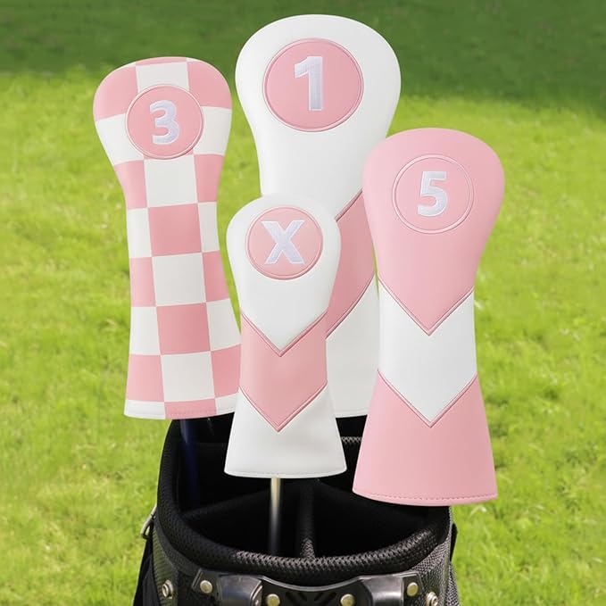 16 Pcs Pink Golf Accessories Kit Include 4 Pcs Golf Club Head Covers, Ball Bag with Hook Pink Towel Magnetic Ball Marker Tees Divot Tool Cleaner Brush for Christmas Women Girls Gifts