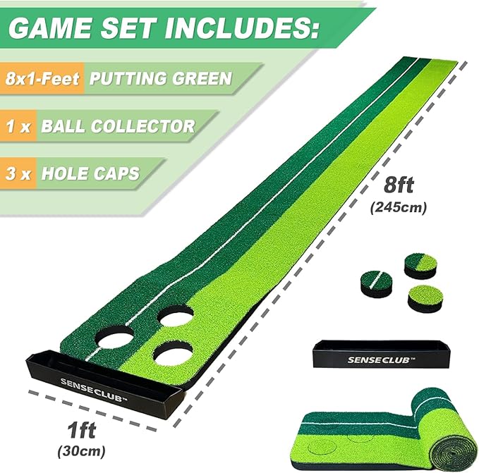 Indoor Putting Green Game, Foldable Putting Mat Golf Game Set, Golf Gifts for Men - 1x8 Ft
