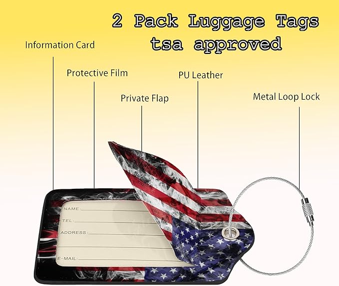 2 Pack American Flag Luggage Tags for Suitcases USA Cool Leather Luggage Tag for Travel Bag Tag Privacy Name ID Card Bag Labels for Friends Adults Kids Tourists
