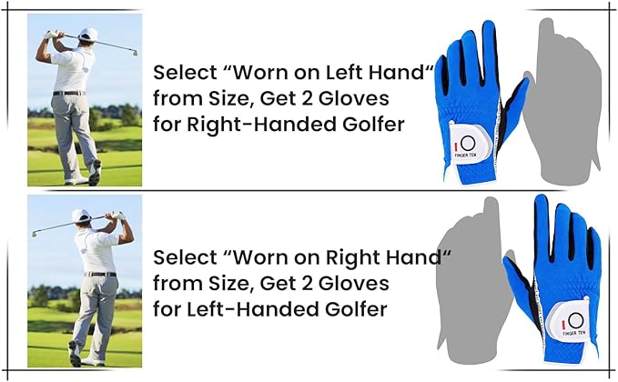 FINGER TEN Men's Golf Gloves for Right Left Handed Golfer Rain Grip Value 2 Pack, Golf Glove for Left or Right Hand Hot Wet Weather No Sweat Black Gray White Blue
