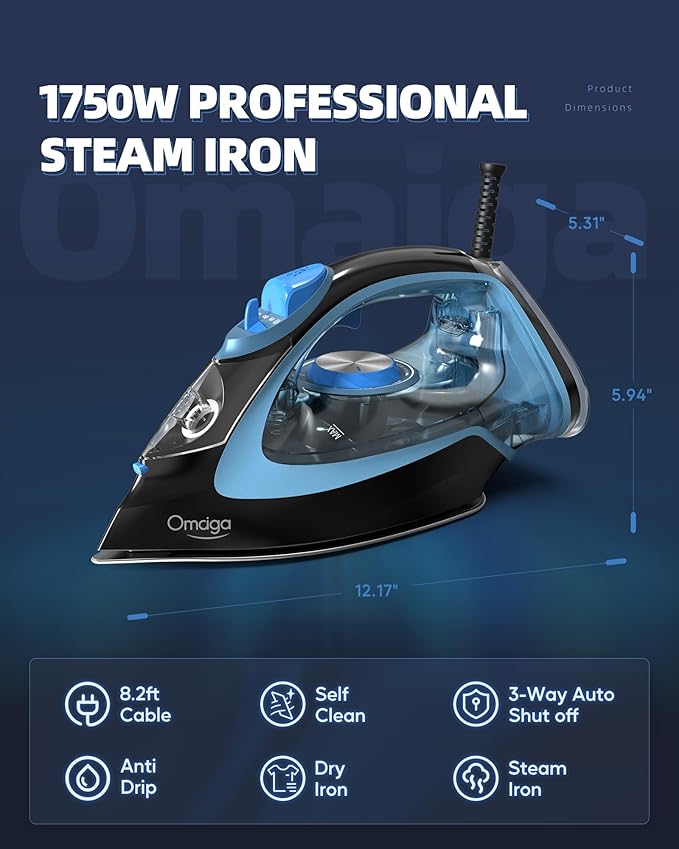 Steam Iron for Clothes, 1750W Clothes Iron Rapid Heating, Non-Stick Ceramic Soleplate, 3-Way Auto-Off, 15.21oz Water Tank, Self-Cleaning, Anti-Drip, Anti-calc Ironing Clothes for Home, Blue